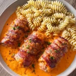 Nahaufnahme von mit Hackfleisch gefüllten Schinkenröllchen in einer hellen Soße