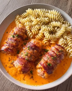 Nahaufnahme von mit Hackfleisch gefüllten Schinkenröllchen in einer hellen Soße