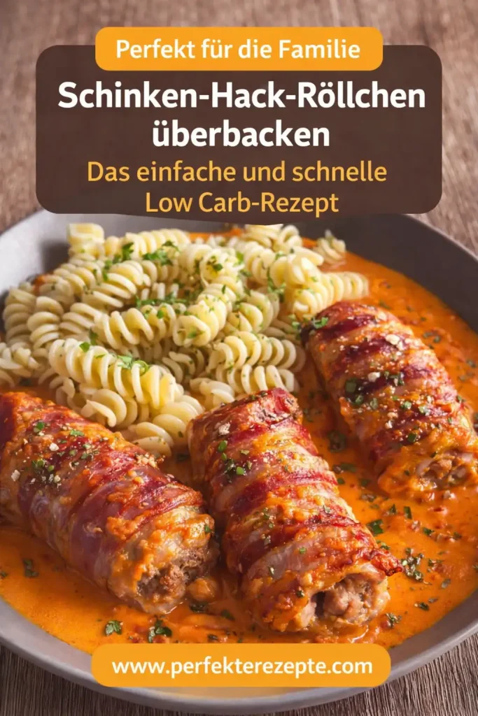 Überbackene Schinken-Hack-Röllchen in einer Auflaufform mit geschmolzenem Käse