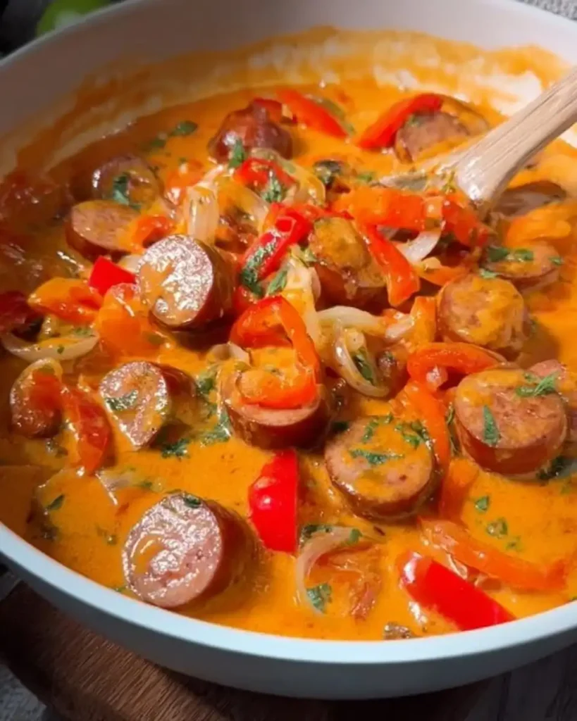 Eine Portion Würstchengulasch mit Paprika und cremiger Sauce auf einem Teller