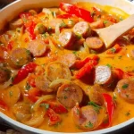 Frisch zubereiteter cremiger Würstchengulasch mit Paprikastückchen