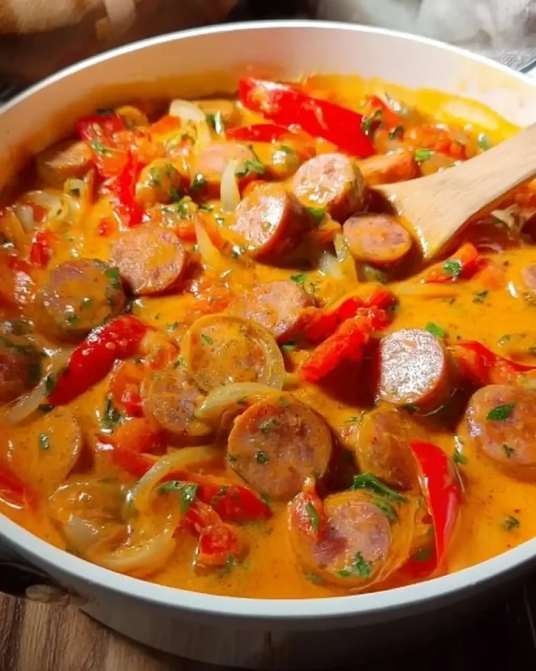 Frisch zubereiteter cremiger Würstchengulasch mit Paprikastückchen