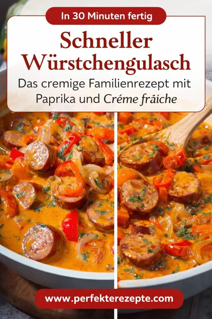 Cremiger Würstchengulasch mit Paprika in einer tiefen Pfanne serviert