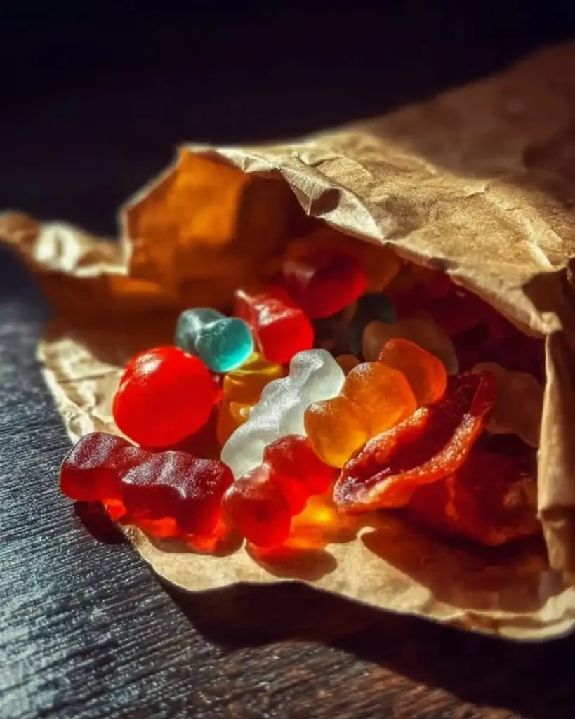 Detailansicht von bunten Süßigkeiten, sauren Stäbchen und Lakritz in einer gemischten Tüte.