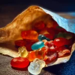 Kindheitserinnerung: Bunte Papiertüte vom Kiosk, prall gefüllt mit verschiedenen Süßigkeiten wie Fruchtgummis und Schaumzucker.