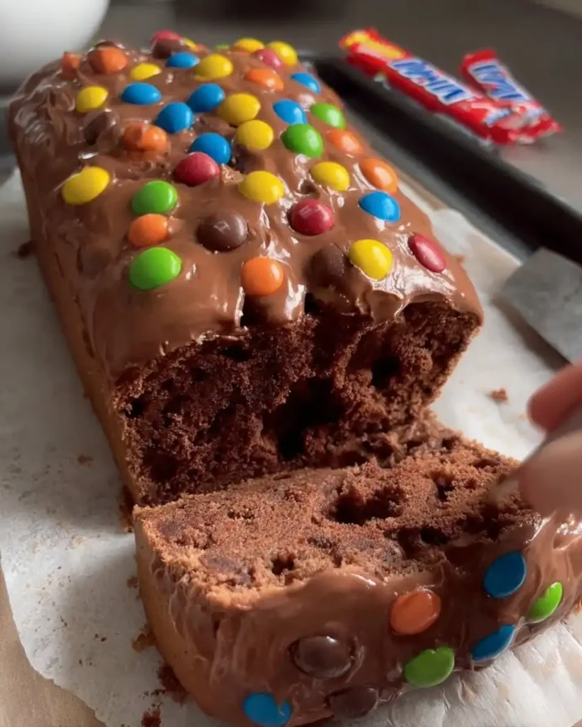 Ein angeschnittenes Stück Schokoladenkuchen mit bunten Schokolinsen als Topping