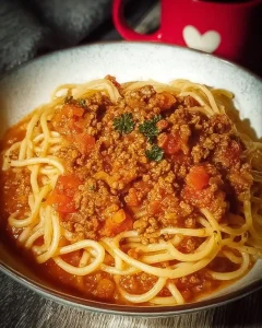 Ein großer Topf mit dampfender Bolognese-Soße neben einer Schüssel Spaghetti