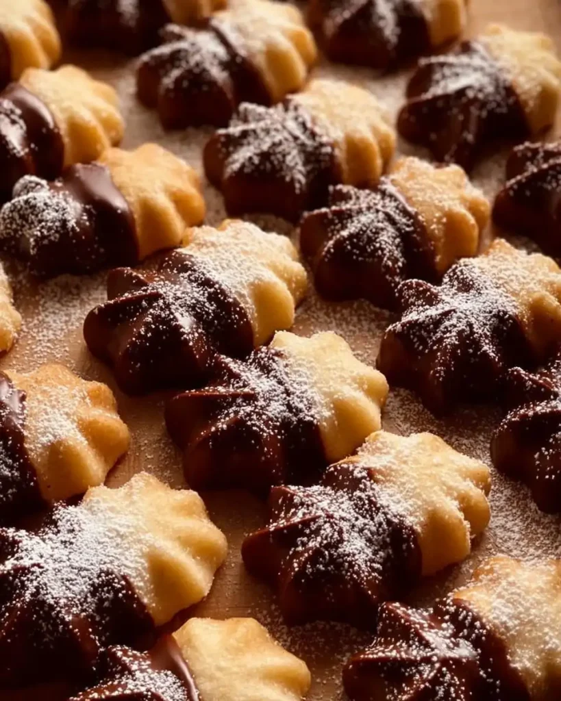 Frisch gebackenes Spritzgebäck, teilweise in Schokolade getaucht, auf einem Kuchengitter