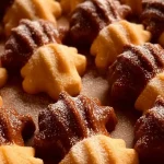 Nahaufnahme von mürbem Spritzgebäck in einer weihnachtlichen Keksdose