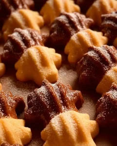 Nahaufnahme von mürbem Spritzgebäck in einer weihnachtlichen Keksdose