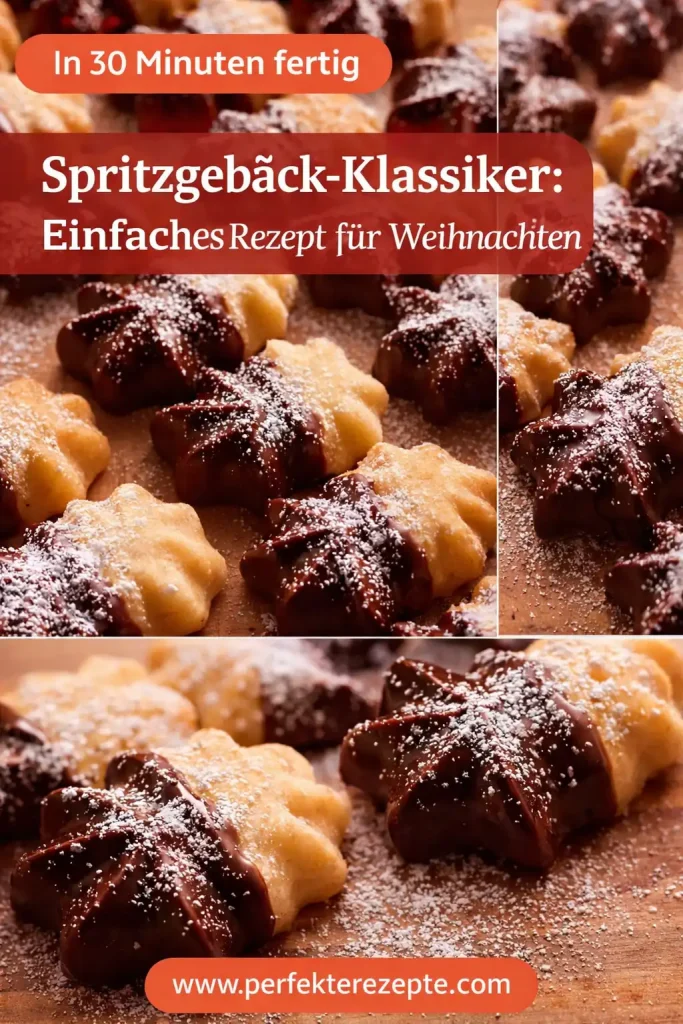 Klassisches Spritzgebäck in verschiedenen Formen auf einem Backblech mit Puderzucker