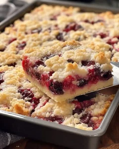 Klassischer Streuselkuchen mit bunten Früchten auf einem Servierteller