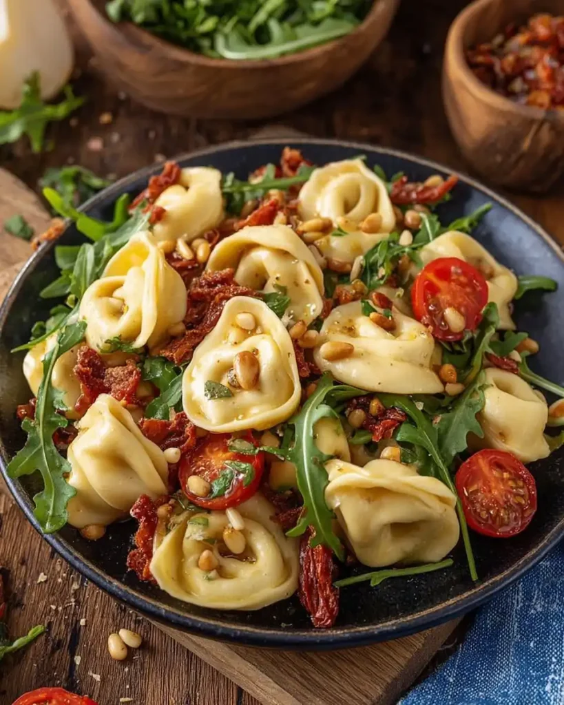 Eine Portion Tortellinisalat mit mediterranen Zutaten auf einem Teller