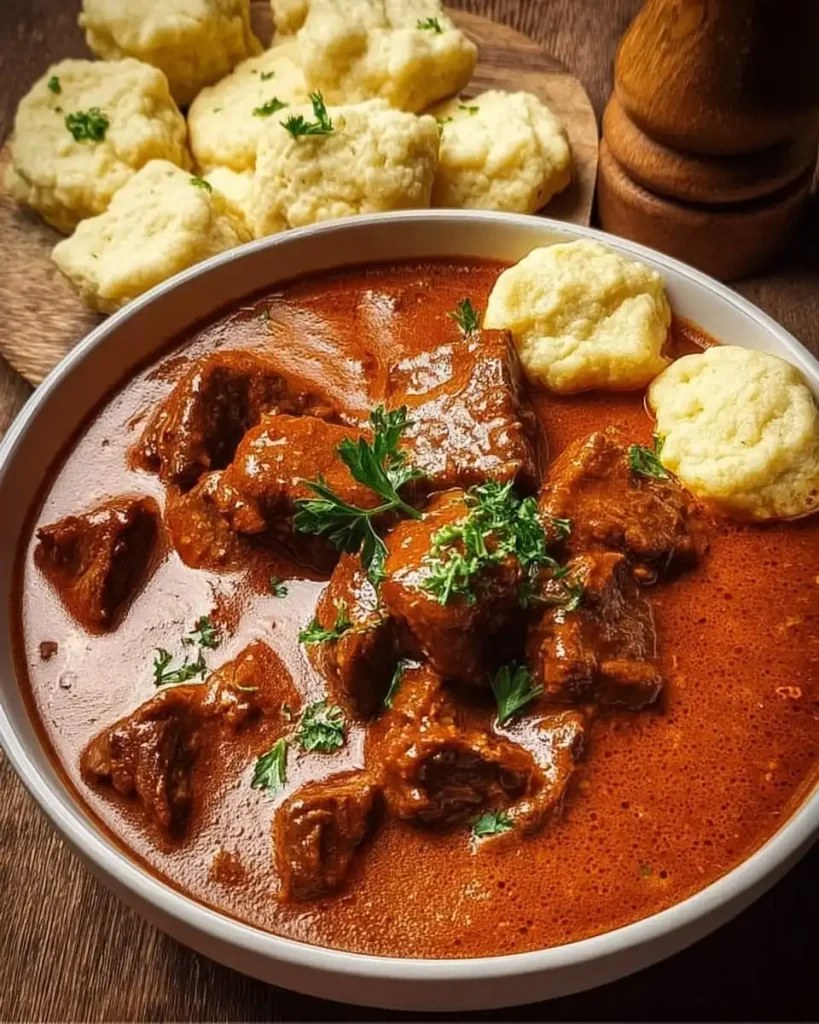 Eine Portion tschechisches Gulasch und böhmische Knödel auf einem Teller