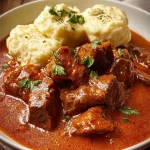 Traditionelles tschechisches Gulasch serviert mit fluffigen Knödeln