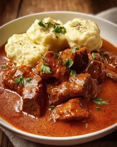 Traditionelles tschechisches Gulasch serviert mit fluffigen Knödeln