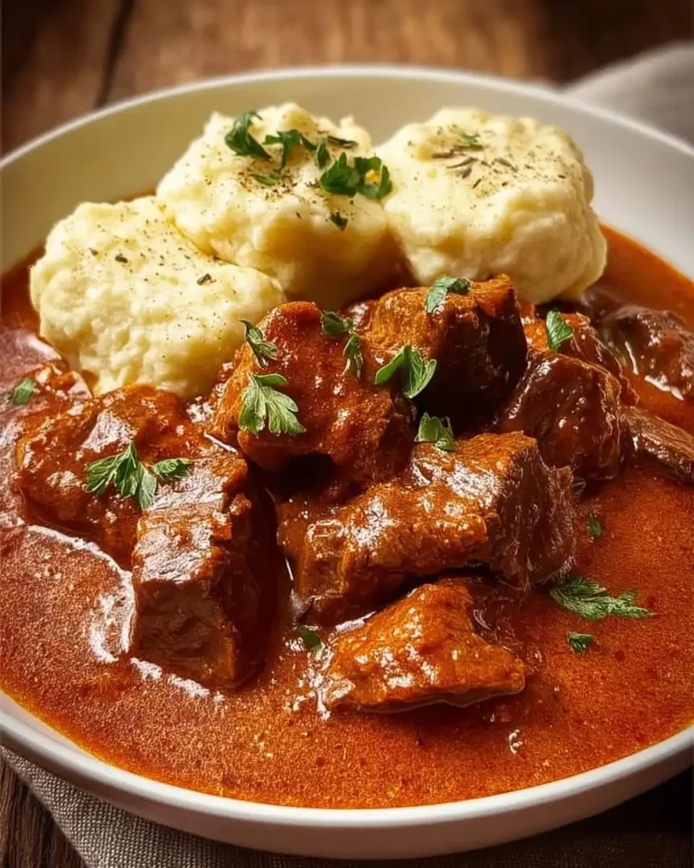 Traditionelles tschechisches Gulasch serviert mit fluffigen Knödeln