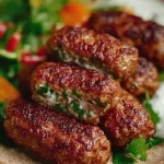 Nahaufnahme von gegrillten Hackröllchen neben einer Schüssel mit hausgemachtem Gurken-Joghurt-Salat