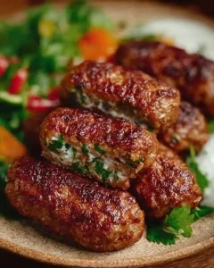 Nahaufnahme von gegrillten Hackröllchen neben einer Schüssel mit hausgemachtem Gurken-Joghurt-Salat