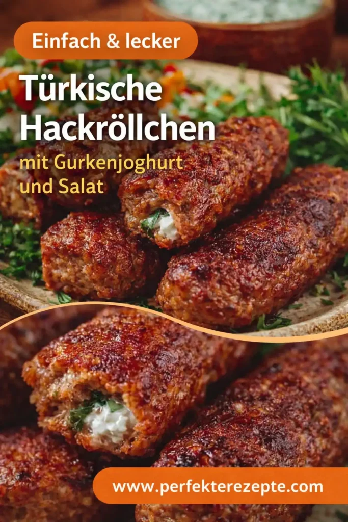 Würzig gebratene türkische Hackröllchen serviert mit cremigem Gurkenjoghurt und frischem Salat