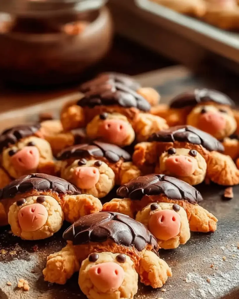 Fertig gebackene Mürbeteig-Kekse in Schildkrötenform mit Schokoladen-Dekoration