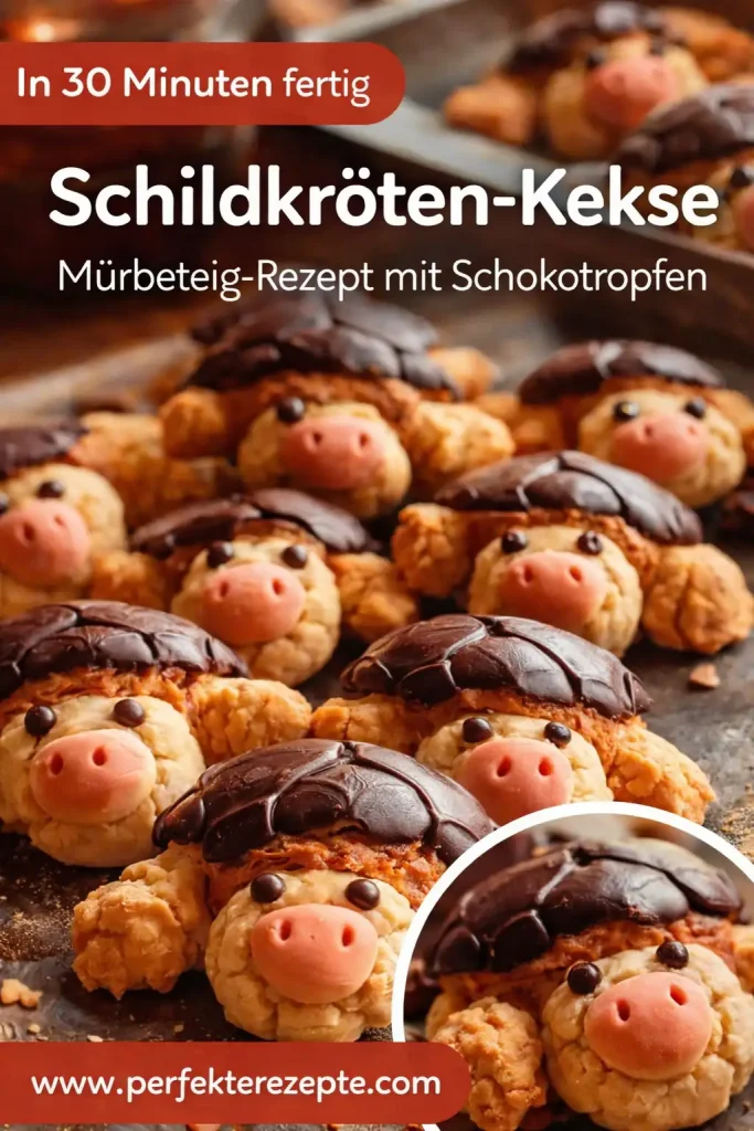 Süße Schildkröten-Kekse aus Mürbeteig mit Schokotropfen auf einem Backblech