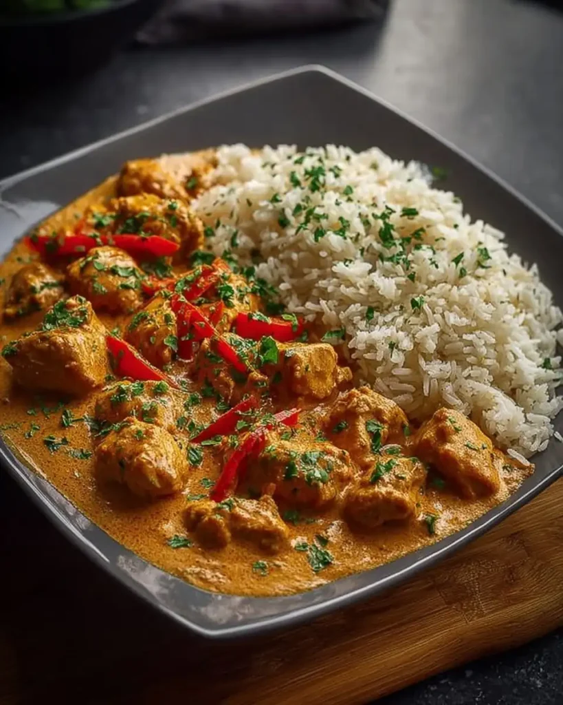 Eine Portion indisches Hühnchencurry mit einer cremigen Sauce und Reis