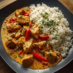 Frisch zubereitetes Hähnchencurry mit Reis und frischen Kräutern