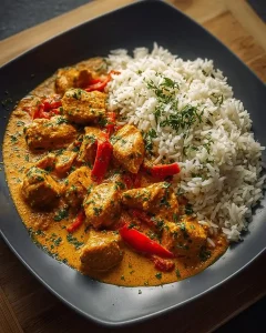 Frisch zubereitetes Hähnchencurry mit Reis und frischen Kräutern