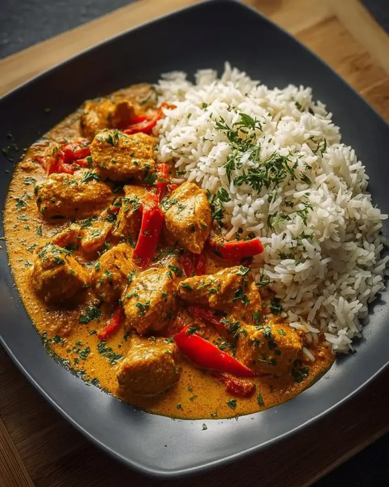 Frisch zubereitetes Hähnchencurry mit Reis und frischen Kräutern