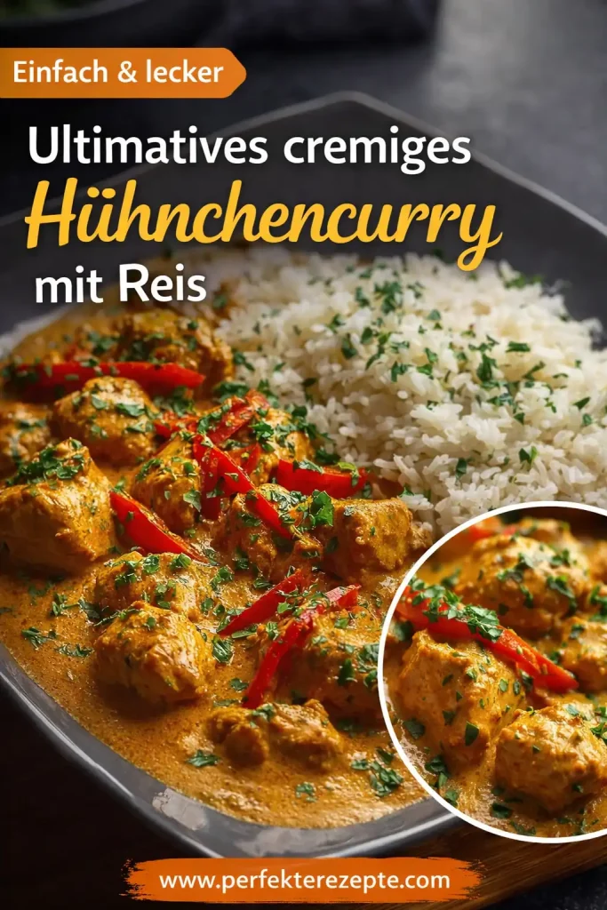 Cremiges Hühnchencurry mit Reis in einer Schüssel serviert