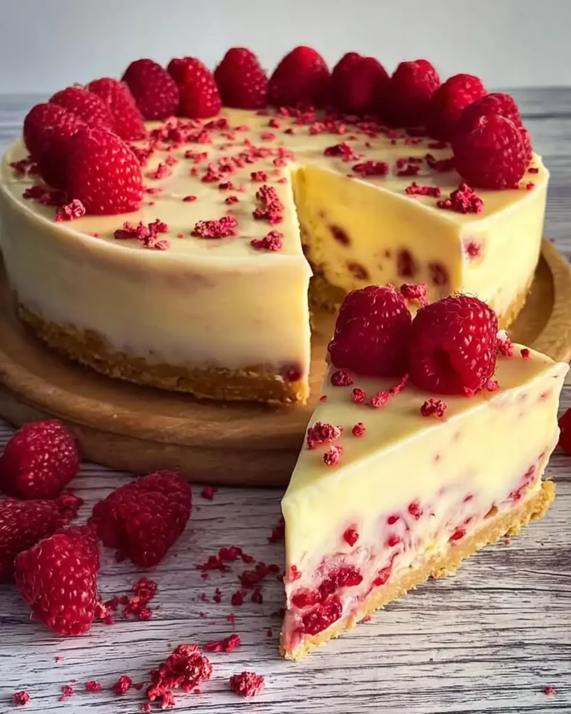 Ein Stück Himbeer-Cheesecake mit weißer Schokolade auf einem Dessertteller