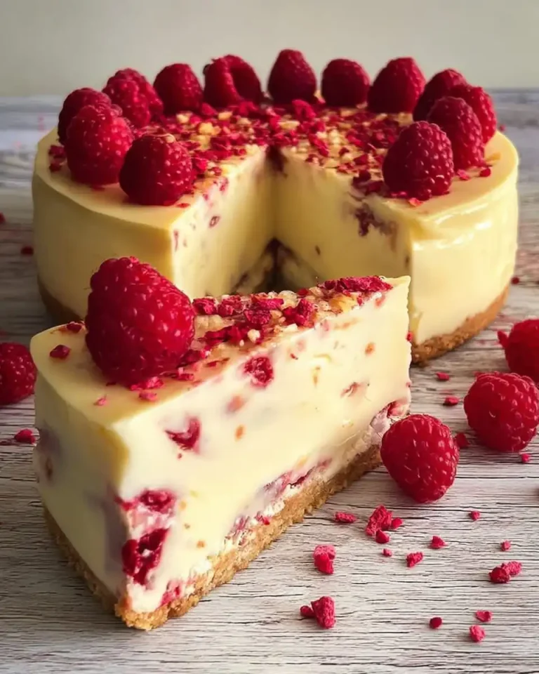 Selbstgemachter weißer Schokoladen-Cheesecake mit Himbeerspiegel