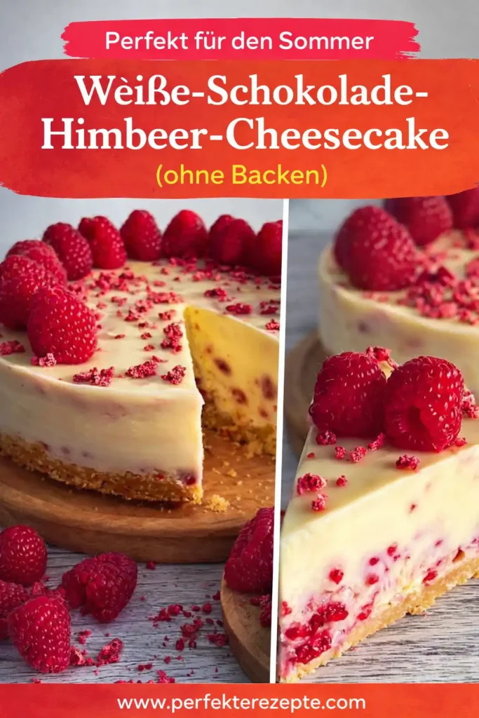 Cremiger Weiße-Schokolade-Himbeer-Cheesecake auf einer Servierplatte