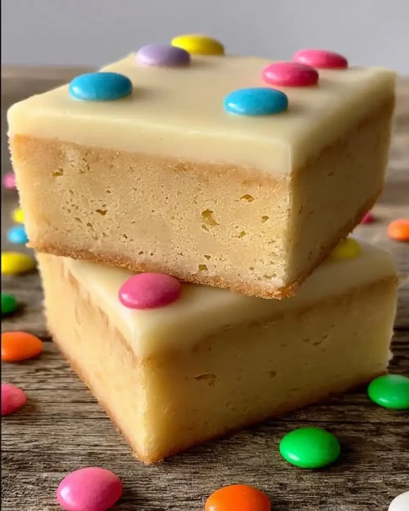 Ein Stück weißer Schokoladen-Brownie mit bunter Dekoration