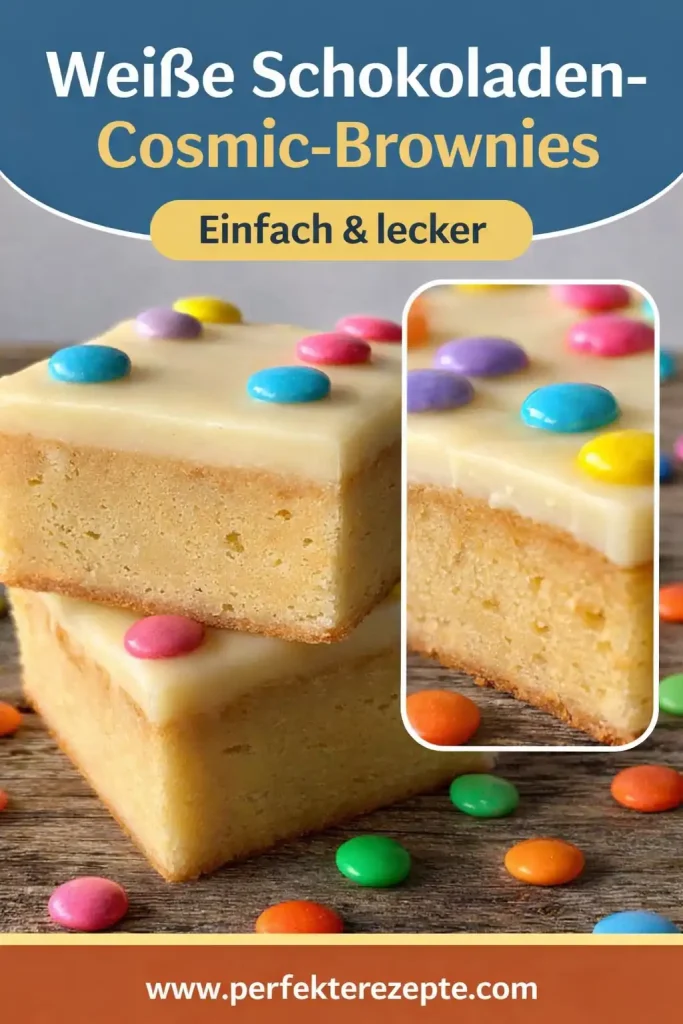 Weiße Schokoladen-Cosmic-Brownies mit bunten Schokolinsen auf einer Platte