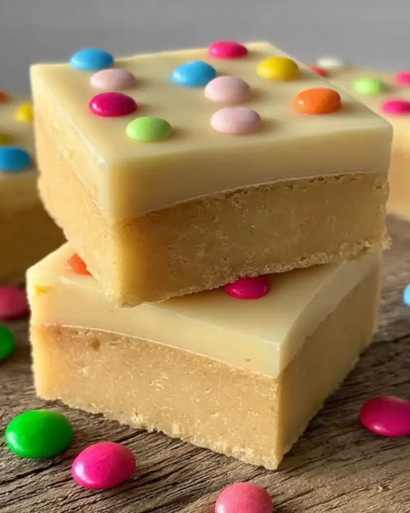 Ein Stück weißer Schokoladen-Brownie mit bunter Dekoration und Glasur