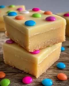 Frisch aufgeschnittene weiße Schokoladen-Brownies mit bunten Streuseln