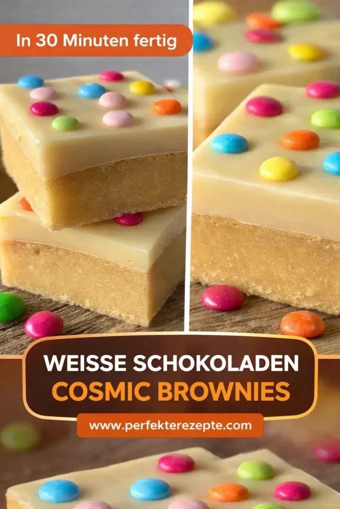 Weiße Schokoladen Cosmic Brownies mit bunten Schokolinsen auf einer Platte