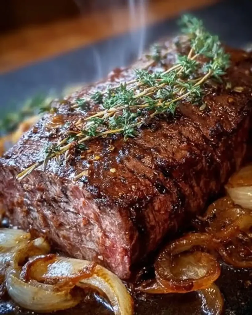 Eine Portion Zwiebelrostbraten serviert auf einem Teller mit Soße
