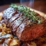 Nahaufnahme von gebratenem Rindfleisch bedeckt mit einem Berg aus Röstzwiebeln