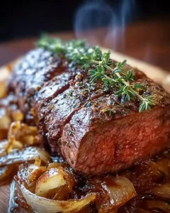 Nahaufnahme von gebratenem Rindfleisch bedeckt mit einem Berg aus Röstzwiebeln