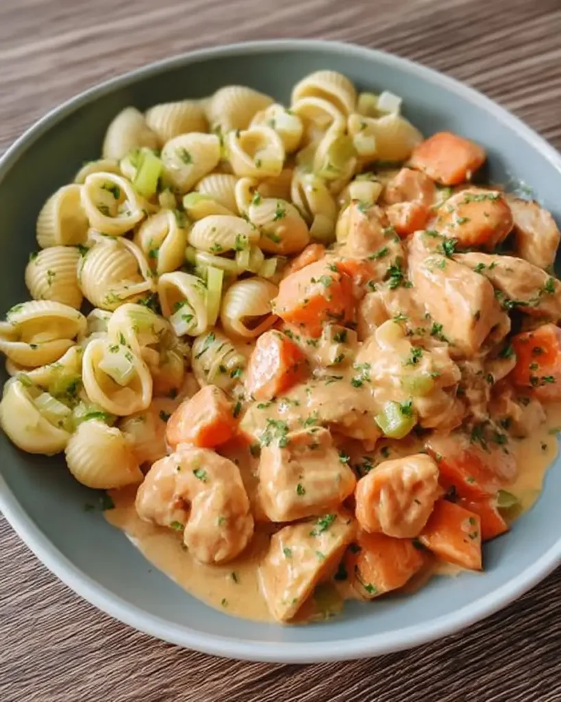 Frische Möhrenscheiben, Porree-Ringe und Hähnchenstreifen beim Anbraten in der Pfanne.