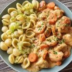 Cremiges Hähnchen-Geschnetzeltes mit hellen Möhrenscheiben und Porree in einer Kräuter-Frischkäse-Sauce.