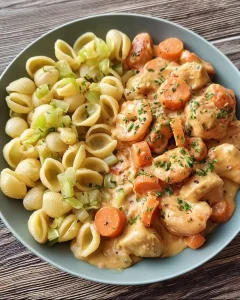 Cremiges Hähnchen-Geschnetzeltes mit hellen Möhrenscheiben und Porree in einer Kräuter-Frischkäse-Sauce.