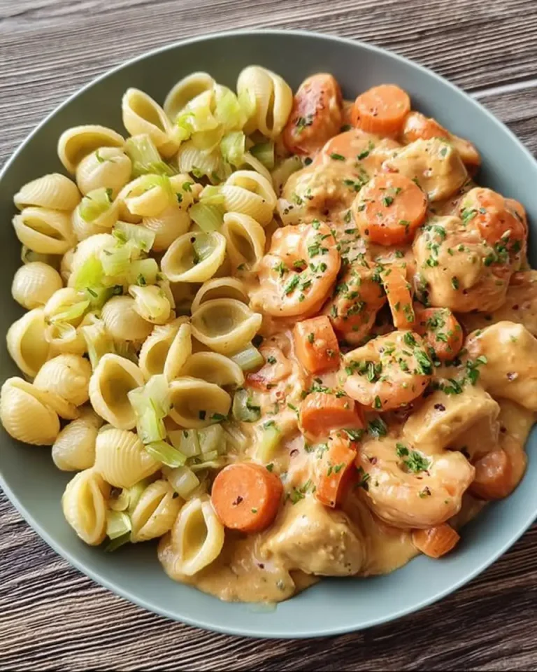 Cremiges Hähnchen-Geschnetzeltes mit hellen Möhrenscheiben und Porree in einer Kräuter-Frischkäse-Sauce.