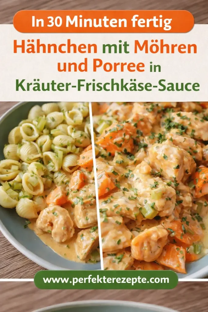 Cremiges Hähnchen-Geschnetzeltes mit hellen Möhrenscheiben und Porree in einer Kräuter-Frischkäse-Sauce.