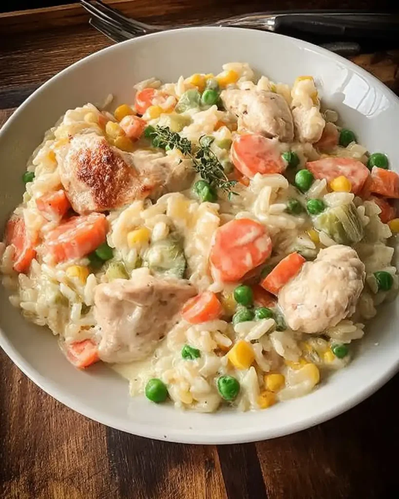 Eine Portion Hähnchen-Reis-Pfanne mit Gemüse in Sahnesauce serviert in einer Schale