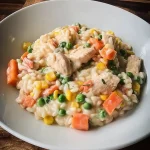 Frisch zubereitetes Hühnchen mit Reis und Gemüse in cremiger Sauce