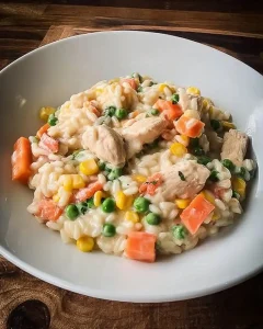 Frisch zubereitetes Hühnchen mit Reis und Gemüse in cremiger Sauce